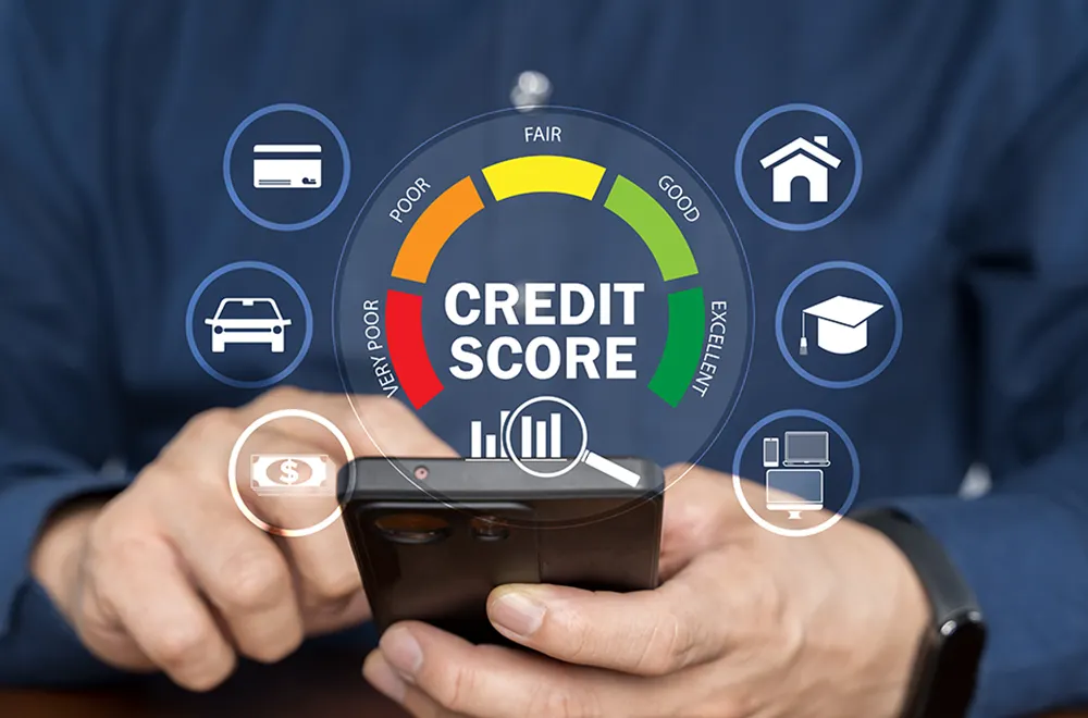 a graphic on top of a phone showing the credit score scale